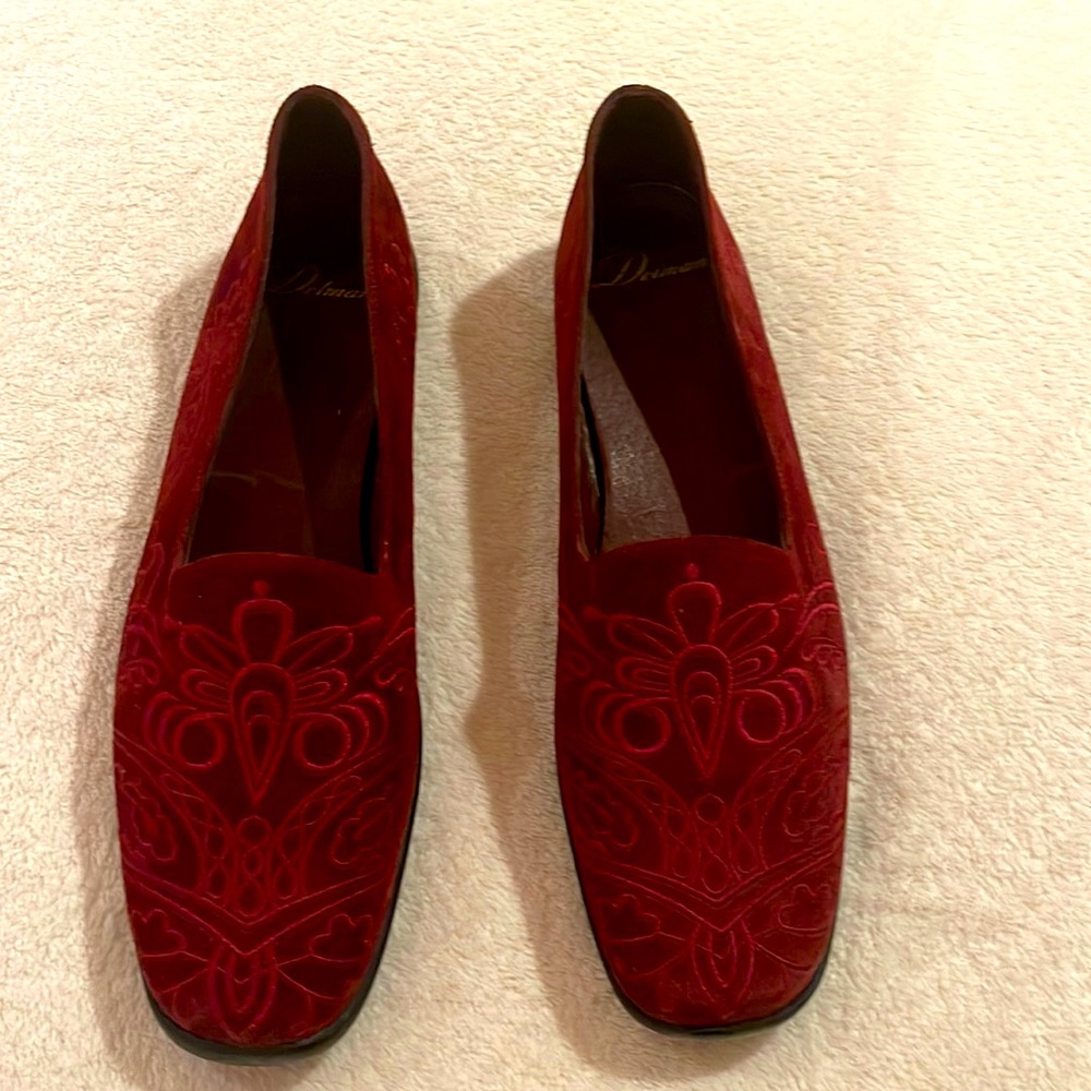 Delman Red Velvet Embroidered Loafers